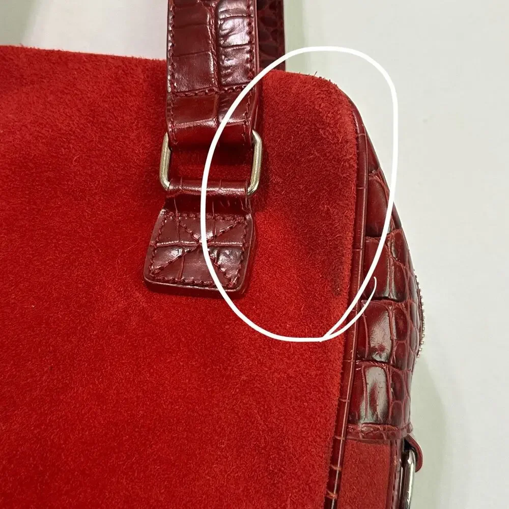 Levenger Suede Leather Shoulder Bag Tote Buckle Red Square Holiday Top Zip Purse